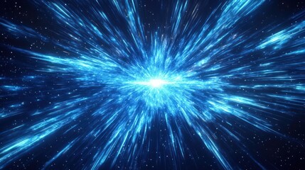 Fototapeta premium Bright blue energy burst radiating outward with streaks and particles against a dark starry background, conveying a sense of explosion and cosmic power