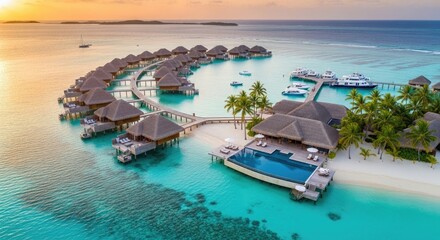 A luxurious resort with overwater bungalows and a swimming pool in the Maldives.