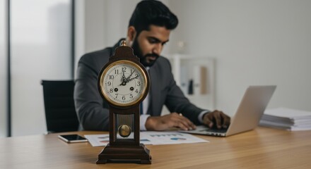 Man in suit works at desk with laptop clock and documents.