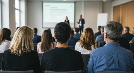 People attending a presentation in a conference room with a projector screen.