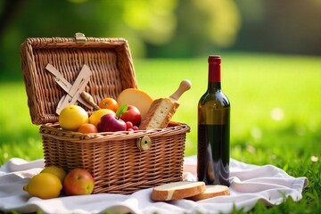 Charming Wicker Picnic Basket Overflowing with Fresh Fruit, Crusty Bread, Cheese, and Wine ? Ready for a Delightful Outdoor Meal. Perfect for Spring, Summer, or Fall.