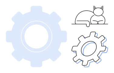 Two gears and a calm cat outline embody productivity and relaxation. Ideal for teamwork, balance, workflow, relaxation, coexistence, organization, efficiency. A simple flat metaphor