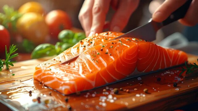 Chef Slicing Fresh Salmon Fillet on Wooden Board with Herbs and Spices