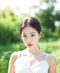 A young woman in a white dress standing outdoors in a sunlit green field