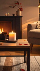 Cozy Living Room with Burning Candles and Warm Light Ambiance