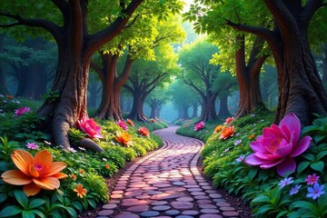Winding Path Through a Vibrant Enchanted Forest Whimsical Art Installations and Natural Beauty Intertwined, Perfect for Fantasy and Fairytale Themes