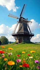 Rustic Windmill Under Vibrant Summer Sky Idyllic Landscape of Green Fields and Wildflowers, Lazily Turning Blades, Perfect for Travel and Nature Themes
