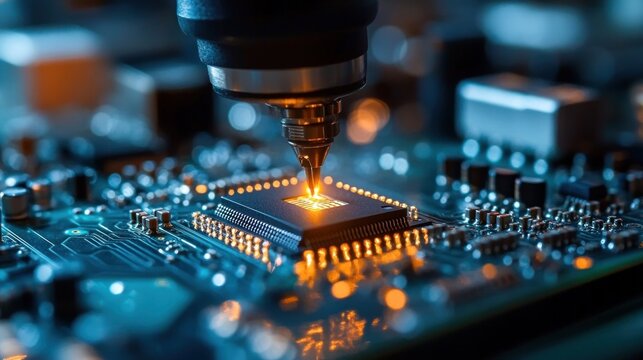 Close-up view of a precision robotic arm or soldering machine applying heat or solder to a microchip on a circuit board with glowing orange light - Powered by Adobe