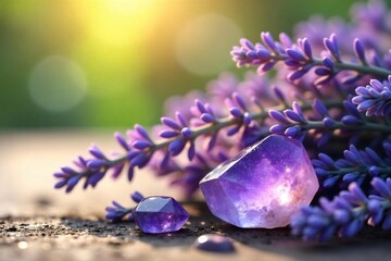 Serene Lavender and Crystal Arrangement Soft Sunlight, Tranquil Meditation Scene