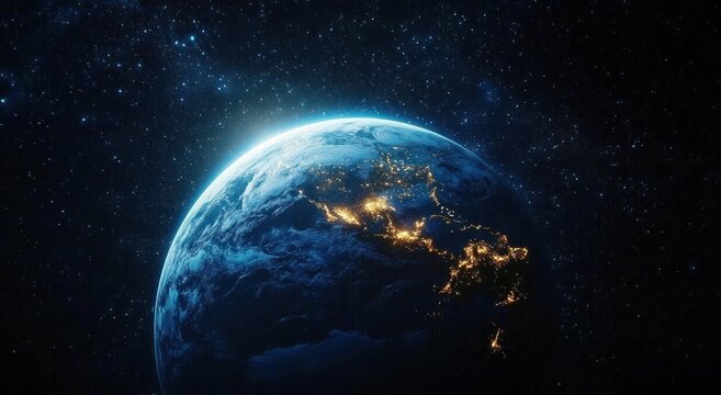 View of Earth from space showing illuminated land masses and city lights with the sun rising behind the planet against a starry background - Powered by Adobe