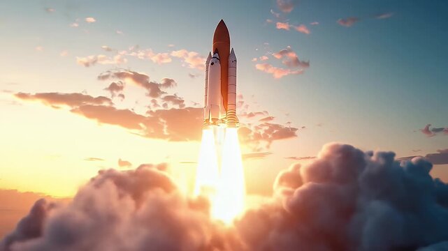 Rocket Launching Through Clouds Against a Sunset Sky In a Pixelated Style With Bright Orange and Yellow Light Rays Emanating From The Base