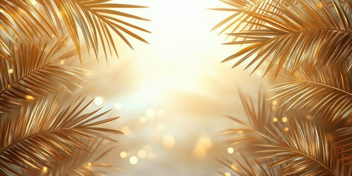 Golden palm leaves framing a bright, glowing, softly blurred background with warm sunlight and bokeh light effects creating a serene and radiant atmosphere
