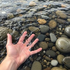 Hand Touching Clear River Water Flowing Over Smooth Rocks