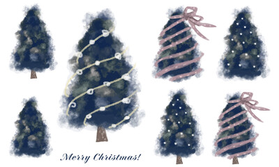 水彩で描いたシックなクリスマスツリーのイラスト素材セット