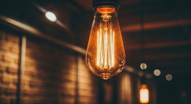 A vintage light bulb hanging from a ceiling in a dimly lit room.