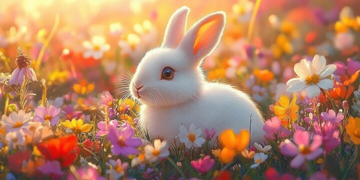 small white rabbit surrounded by colorful wildflowers in a sunlit meadow during golden hour