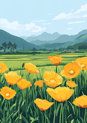 Vibrant Yellow Poppy Field in a Picturesque Valley
