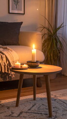 Cozy Living Room with Burning Candles and Warm Light Ambiance