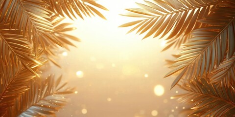 golden palm leaves framing a glowing bright background with bokeh light effects conveying warmth and elegance