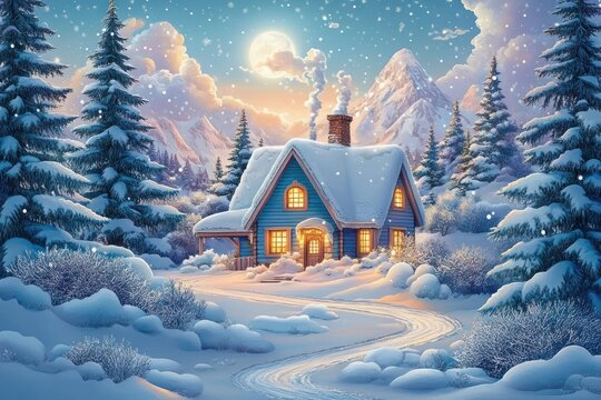 Cozy blue house with glowing windows and smoke from chimney surrounded by snow-covered pine trees and mountains under a full moon at dusk with snow falling