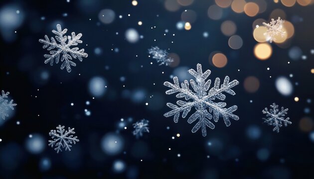 Close-up of detailed icy snowflakes falling against a dark blue night background with blurred glowing warm bokeh lights evoking a magical winter atmosphere