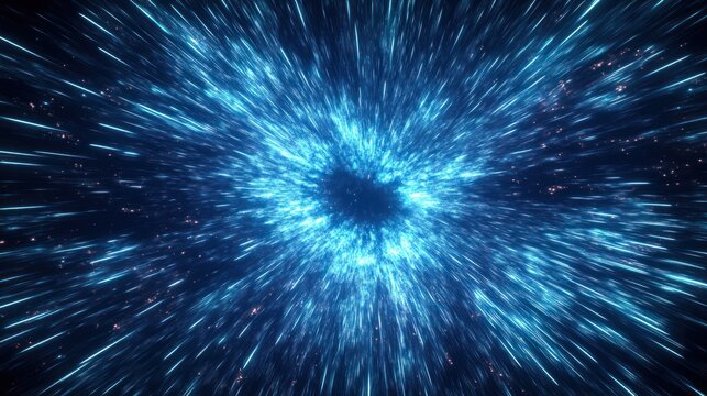 Dynamic blue light burst radiating from a dark central core with streaks and particles creating a sense of energy and motion in space