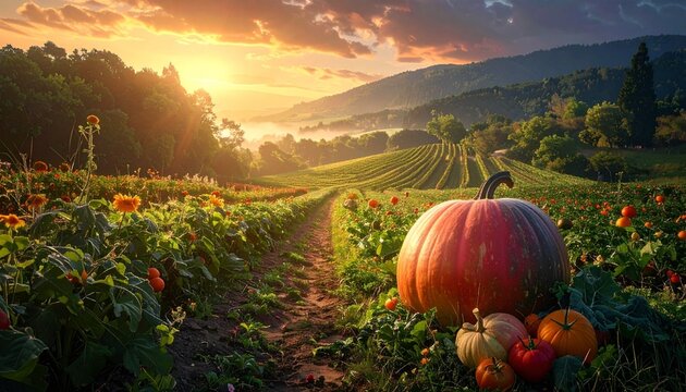 "Sunset over a vibrant farm with pumpkins, tomatoes, broccoli, and squash in foreground, rows of crops and glowing hills in background"