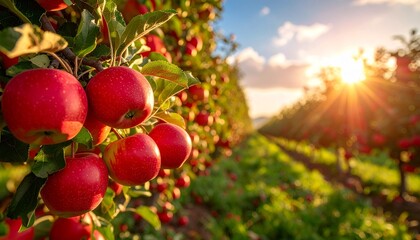 "Golden hour in a lush apple orchard with ripe red apples hanging from branches, rows of trees stretching into a sunlit horizon"