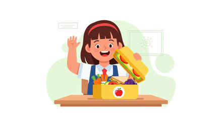 Joyful Schoolgirl Displaying Freshly Prepared Lunchbox Contents With Enthusiasm