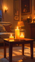 Cozy Living Room with Burning Candles and Warm Light Ambiance