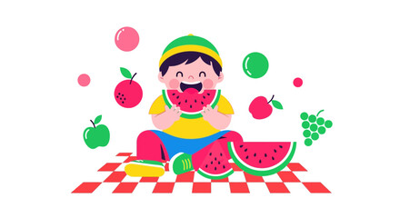 Fototapeta premium Joyful Toddler Enjoying Watermelon Slices Outdoors With Fresh Fruits and Snacks