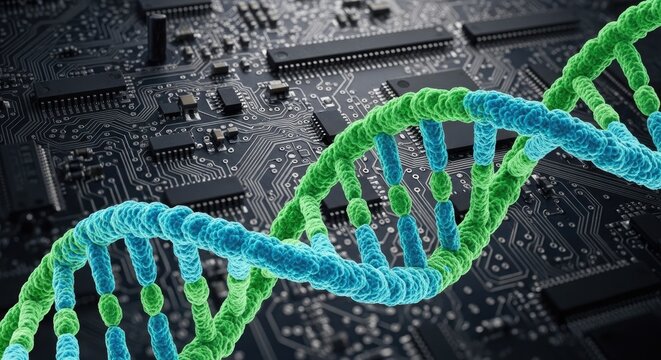 A green and blue DNA strand on a black circuit board background.