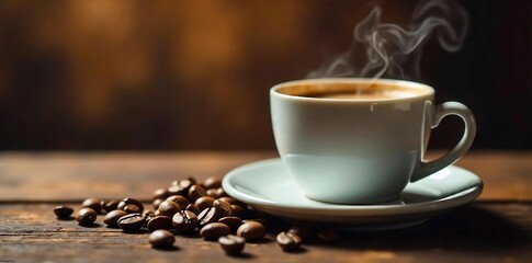 Steaming Cup of Coffee with Scattered Beans A Warm and Energizing Morning Scene Perfect for Websites, Blogs, and Marketing Materials Related to Coffee, Energy Drinks, and Alertness.