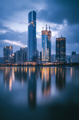 Fototapeta premium Modern City Skyline at Dusk with Reflections