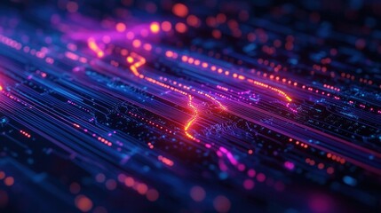 Obraz premium Close-up view of illuminated electronic circuit board with vibrant neon blue, purple, and orange light pathways conveying advanced technology and data flow