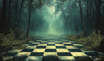 Eerie forest pathway with large chessboard pattern on the ground surrounded by dense mist and tall trees creating a mysterious atmosphere