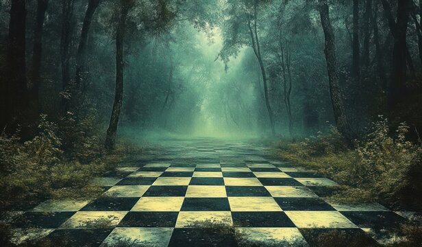 Eerie forest pathway with large chessboard pattern on the ground surrounded by dense mist and tall trees creating a mysterious atmosphere