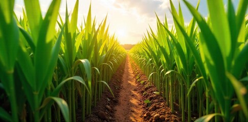 Golden Sunlight Bathes Vibrant Sugarcane Field Lush Green Stalks Sway Gently in the Breeze, showcasing abundant natural energy and biomass.