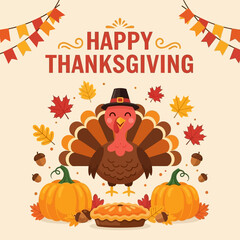 Fototapeta premium Digital illustration of a cartoon turkey wearing a pilgrim hat surrounded by pumpkins and fall leaves with a Thanksgiving banner