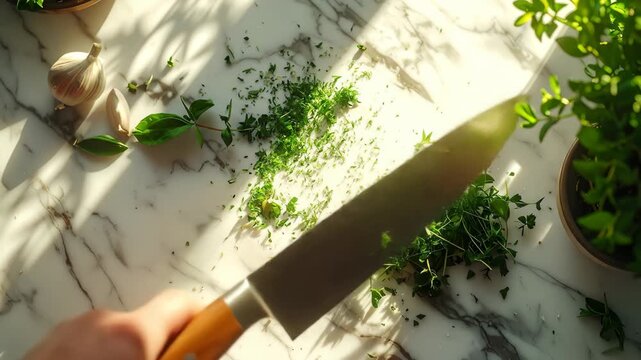 Chopping Fresh Herbs with a Knife on Marble Surface in Sunlight