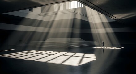 Obraz premium Illuminated Staircase with Dramatic Light Rays and a Lone Figure