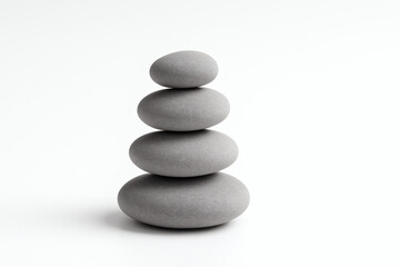Balanced stack of smooth gray stones on white background, concept of harmony and meditation