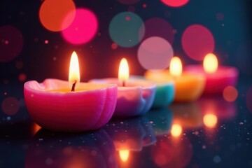 Multicolored layers, flickering candles, soft bokeh , food, bright, sweetness