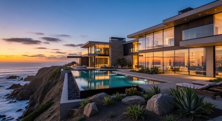 A modern, luxurious beach house with a stunning ocean view at sunset.