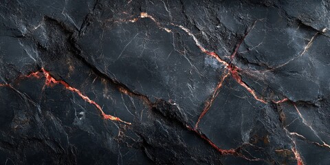 Close-up view of cracked dark volcanic rock with glowing red-orange lava veins running through textured surface