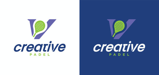 Padel vector logo with racket combination, collection of padel sports logos with the letter V.