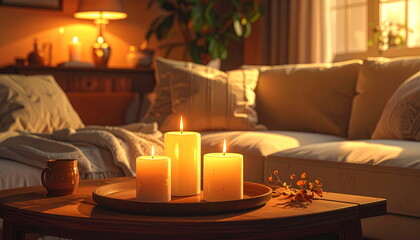 Cozy Living Room with Burning Candles and Warm Light Ambiance