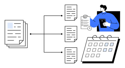 Stack of organized files, document distribution network, calendar planner, and individual using tablet. Ideal for productivity, workflow, planning, organization, time management scheduling