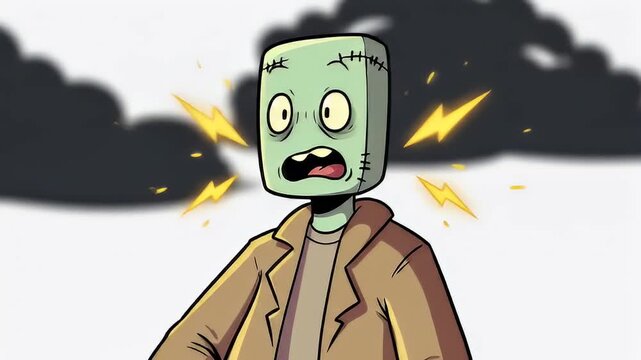 Animated Frankenstein-like character, shocked in a dark storm with lightnings