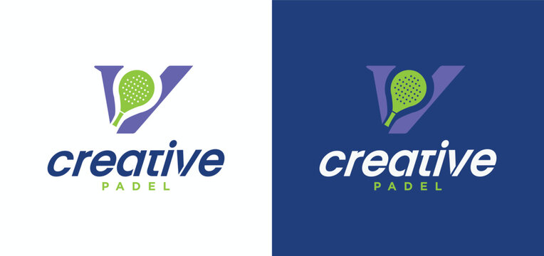 Padel vector logo with racket combination, collection of padel sports logos with the letter V.
